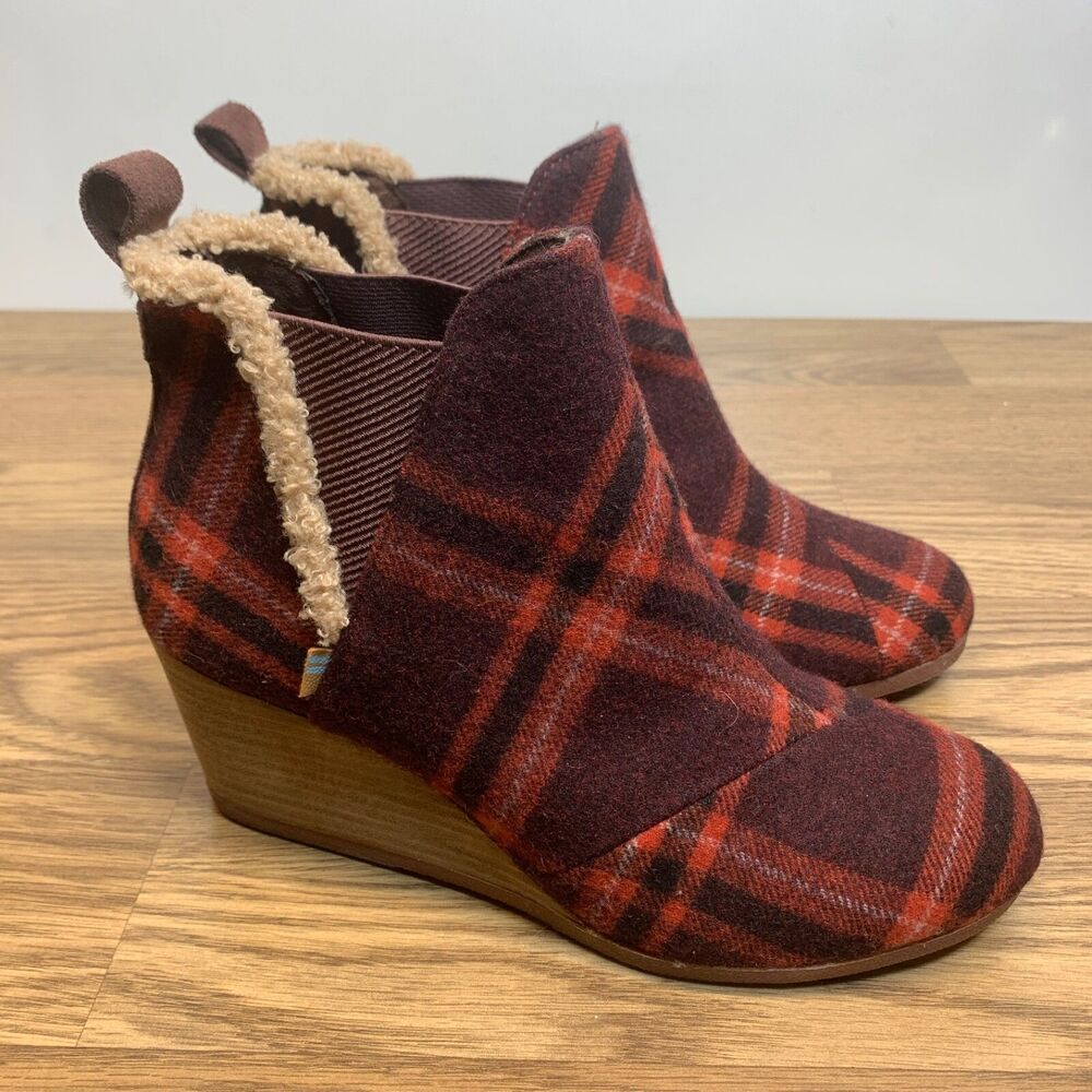Toms Kelsey Women's Pump Wool Plaid Red Brown Wedge Bootie Size 9